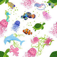 Marine life, fish, animals bright seamless pattern. sea travel, underwater diving animal tropical fish. Jellyfish, whale, shark, seahorse, clown fish, dolphin, turtle, emperor