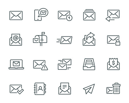 Mail and email Icons Set. Such as Mailbox, Sending, Archive, Contacts and others. Editable vector stroke.
