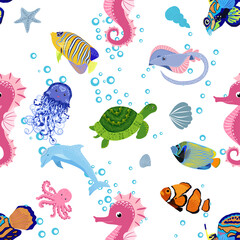 Marine life, fish, animals bright seamless pattern. sea travel, underwater diving animal tropical fish. Jellyfish, whale, shark, seahorse, clown fish, dolphin, turtle, emperor