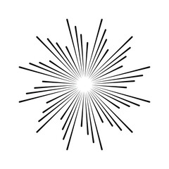 Black radial lines. Round form. Explosion background. Star rays. Sunburst. Fireworks. Design element for frames, prints, tattoo, web, template, logo, and comic books