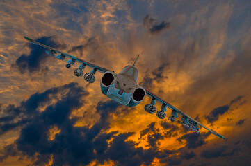 Soviet jet fighter in dramatic sunset sky. Military strike aircraft of World war time