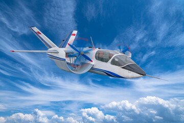 Small plane in blue sky. Experimental aircraft