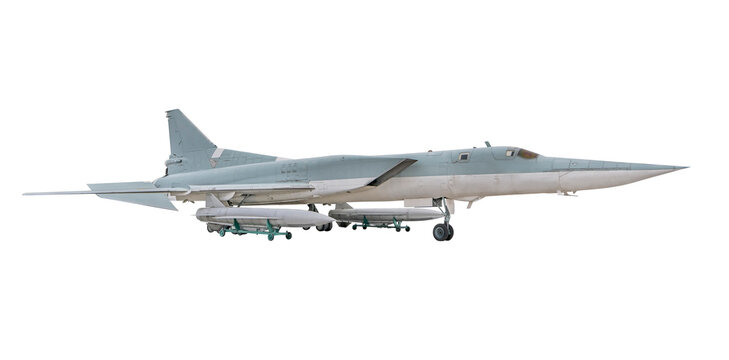 Supersonic missile bomber jet with missiles isolated on white background. Military fighter aircraft of World war time