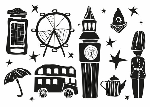 English set. Telephone booth, bus, royal foot guards, soldier, Ferris wheel, queen, umbrella, policeman, tea. Culture of Great Britain. Vector illustration drawn by hand.