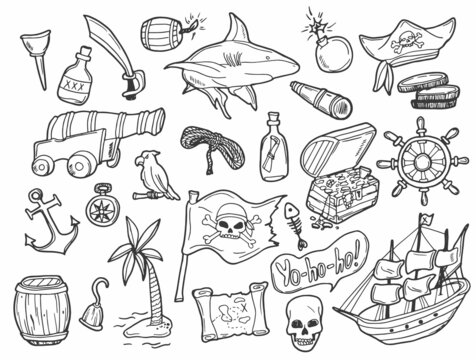Pirates themed freehand drawings set. Symbols of piracy - hat, swords, guns, treasure chest, ship, black flag, jolly roger emblem, skull and crossbones, compass, costume elements.
