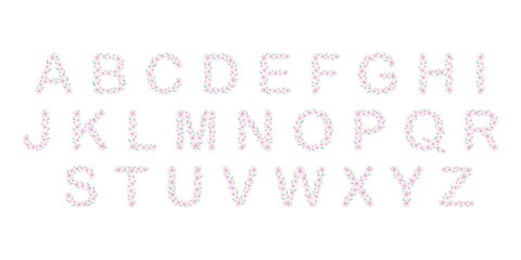 Floral botanical alphabet. Pink flowers hand drawn monogram letters. Capital Letters with plants and flowers. Vector lettering isolated on white	
