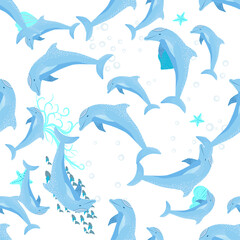 Dolphin, sea inhabitants seamless pattern, beautiful character among seashells, algae, starfish, marine wildlife