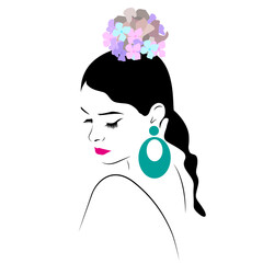 Vector illustration of an Andalusian woman dressed in flamenco dress with a flower in her hair and big earrings
