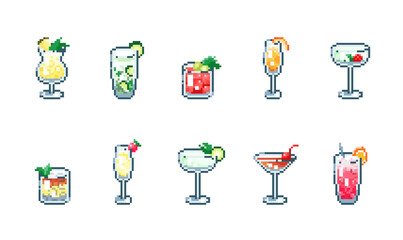 Set of classic  pixel art alcohol cocktails isolated on white background. 8 bit vector gaming assets collection.