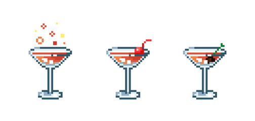 Set of Pixel art manhattan cocktail. Retro 90s gaming 8 bit icon of pixel mosaic glass of manhattan cocktail drink. Vector pixel classic party beverage for game and stickers.
