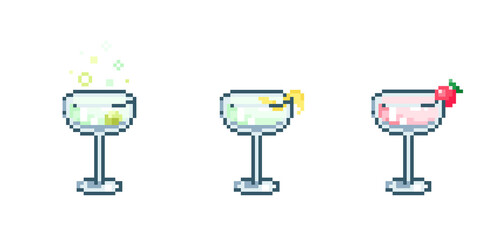 Set of Pixel art martini cocktail. Retro 90s gaming 8 bit icon of pixel mosaic glass of martini cocktail drink. Vector pixel classic party beverage for game and stickers.