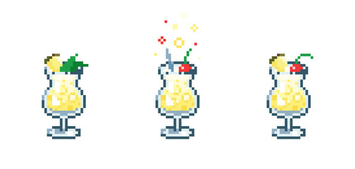 Set of Pixel art pina colada cocktail. Retro 90s gaming 8 bit icon of pixel mosaic glass of pina colada cocktail drink. Vector pixel classic party beverage for game and stickers.