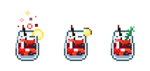 Set of Pixel art sangria cocktail. Retro 90s gaming 8 bit icon of pixel mosaic glass of sangria cocktail drink. Vector pixel classic party beverage for game and stickers.