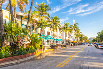 The view of famous Ocean Drive street in the morning in Miami South Beach in Florida