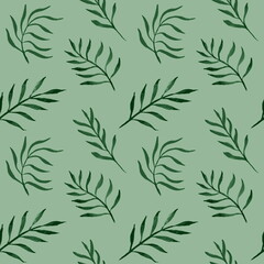 Seamless botanical pattern with pink palm leaves and branches on a gree grey background.