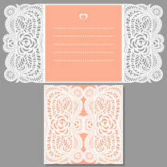 Laser cut invitation card. Laser cutting floral pattern for design wedding card envelope. Vector template for cutting paper.