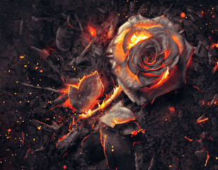 Burning Rose in Pile of Ashes - obrazy, fototapety, plakaty