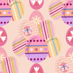 Easter Beautiful festive seamless pattern with easter eggs, cute bunny, funny rabbit, spring meadow flowers. Cute spring floral background, paper, textile, covers, banner Vector