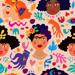 Face women pattern  doodle seamless pattern in cartoon style. Funny mexican girl characters. Vector art background illustration.