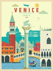 Venice city landmarks retro travel themed poster design vector illustration. - 496377315