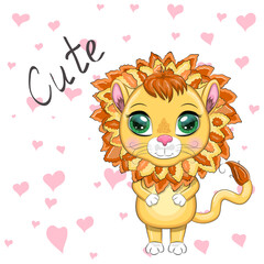 Cartoon lioness with expressive eyes. Wild animals, character, childish cute style.