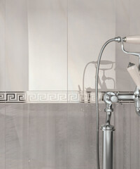 Modern interior design, bathroom with elegant tiles, seamless, luxurious background.