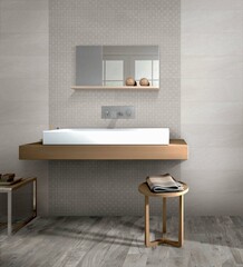 Fototapeta na wymiar Modern interior design of bathroom with elegant tiles, seamless lamps, luxurious interior background.