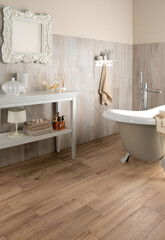 Modern interior design, bathroom with wood texture tiles, seamless, luxurious background.