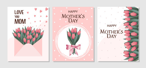 A set of vector cards for Mother's Day. Illustrations with bunches of tulips.