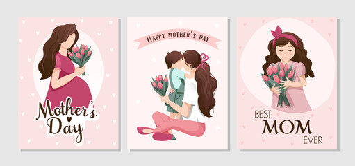 set of vector cards with congratulations on mother's day. Illustrations with pregnant woman, son with mother, girl with tulips