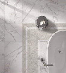 Modern interior design, bathroom with white stone tiles, seamless, luxurious background.