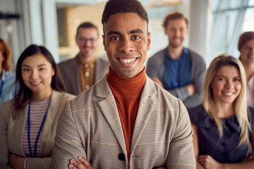 young afro-american businessman-workers pose at workplace.