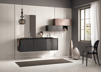 Modern interior design, bathroom with stone tiles, seamless, luxurious background.