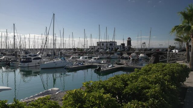 Restaurants and yachts in Rubicon Marina in the morning, Playa Blanca, Lanzarote, Canary Islands, Spain