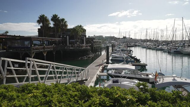 Restaurants and yachts in Rubicon Marina in the morning, Playa Blanca, Lanzarote, Canary Islands, Spain
