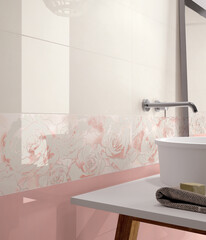 Modern interior design, bathroom with elegant tiles, seamless, luxurious background.