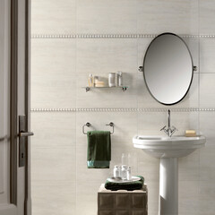 Modern interior design, bathroom with gray tiles, seamless mirror, luxurious background.