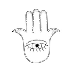 Hand of Fatima line art. Palm with five fingers. Protective sign of the ancient religion. Symbol of divine power. Prayer sign. Amulet from the evil eye. Hand drawn vector illustration. Gods hand.