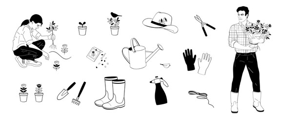 Man and woman work in the garden and set elements -gloves, garden tools, watering can, pots, plants.Black outline on white background vector illustrations.