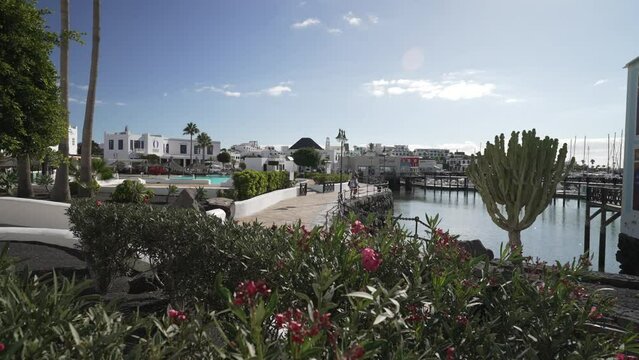 Hotels, bars and yachts in Rubicon Marina, Playa Blanca, Lanzarote, Canary Islands, Spain