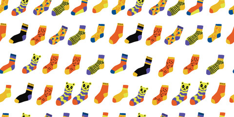 Stylish funny socks pattern with different textures, seamless background. Fun minimalistic pattern with clothes Print of trendy male and female legs in different colorful socks, vector illustration.