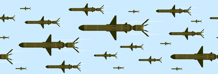 Winged rocket on a blue sky background, seamless pattern. 