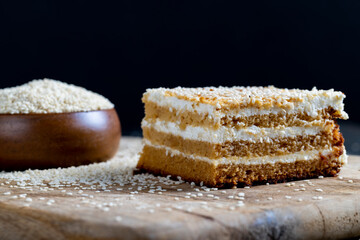 creamy cream and caramel cakes sprinkled with sesame