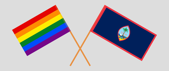 Crossed flags of LGBTQ and Guam. Official colors. Correct proportion