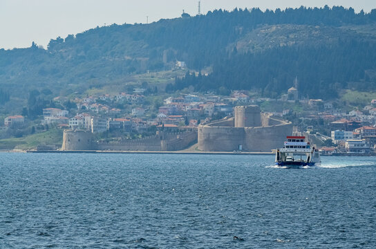 Ship On The Sea In Canakkale City And Kilitbahir Town And Castle From World War 1 On Background