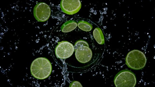 Super slow motion shot of rotating exploded lime slices with splashing water on black at 1000fps.