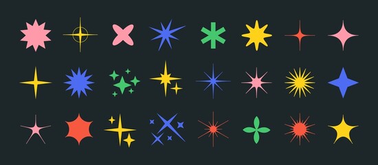 Brutalism star and flower shapes, flat minimalist stars icons. Modern abstract forms, trendy geometric graphic elements vector set