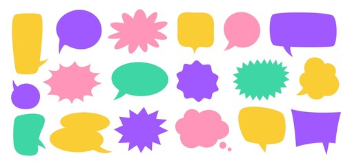 Colorful speech bubbles, blank chat balloons in various shapes. Comic cloud bubble, empty dialog balloon, conversation message icon vector set - obrazy, fototapety, plakaty