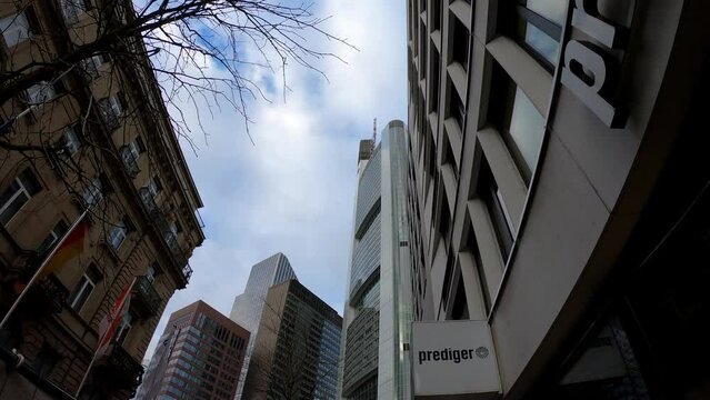 Frankfurt am Main, Germany, December 7, 2021: DOLLY SLOW Commerzbank skyscraper in Frankfurt, Germany. Commerzbank AG is a global banking and financial services company with headquarters in Frankfurt.