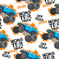 Abstract seamless grunge pattern for boy. Urban style modern background with Monster Truck car, trace of tire. Drive and speed modern creative wallpaper for guys. Extreme style © artlavi_design